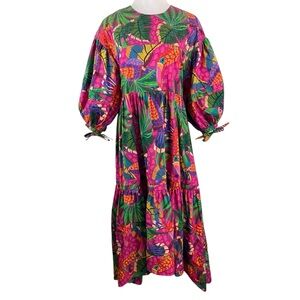 FARM Rio Womens Painted Toucans Tiered Midi Colorful Dress Size Medium Vacation